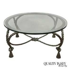 Italian Hollywood Regency Steel Knotted Rope and Tassel Round Glass Coffee Table - Picture 1 of 11