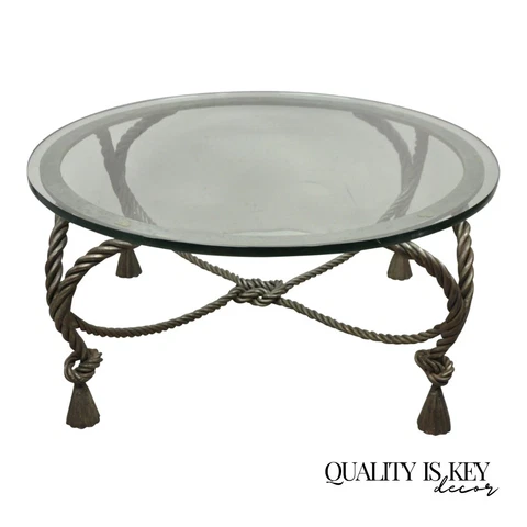 Italian Hollywood Regency Steel Knotted Rope and Tassel Round Glass Coffee Table Cover