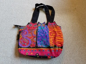 Womens Purse-LAUREL BURCH-black/orange/purple/red three cats zipped small tote - Picture 1 of 7