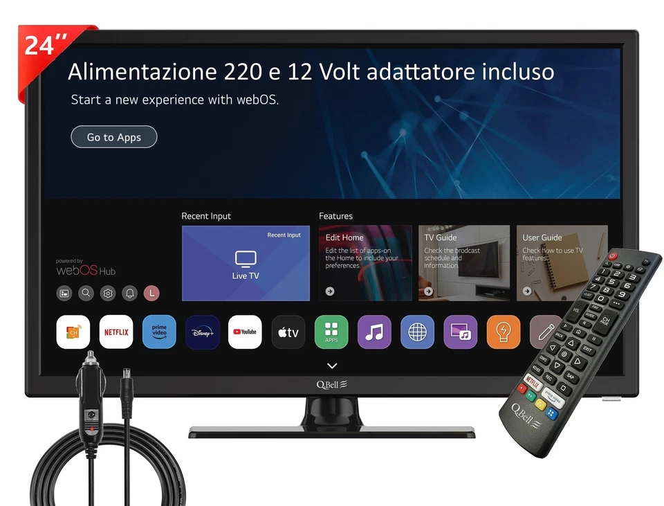QBELL TV SMART 24" LED HD WEBOSS BY LG NETFLIX DAZN 220 E 12 VOLT CAMPER BARCA - Immagine 1 di 4
