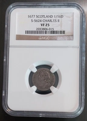ESCOCIA 1677 Carlos II 1/16 Dólar Escaso MEJOR Calificado NGC VF25 - POP SOLO 1 Foto 1 de 4