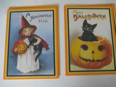 Holiday Greeting Cards 9 Halloween Black Cat pumpkins witch  New with Envelopes - Image 1 of 4