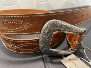 Most Wanted Genuine Leather Gaucho Belt Tan Silver Buckle Green Stitching XL NEW - Picture 1 of 8