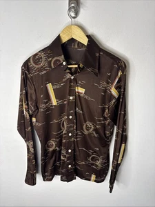 Vintage 70s Disco Geometric Print Button Down Shirt Brown M 15-15.5 - Picture 1 of 5