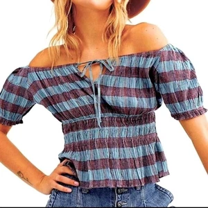 Free People smocked off shoulder plaid peplum peasant top with tie front Sz XS - Picture 1 of 8