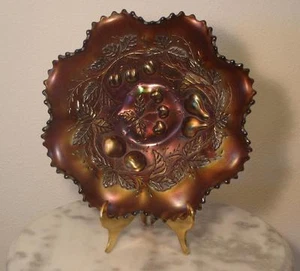 Northwood Three Fruits Purple Carnival Glass Smoke Iridized Ruffled Bowl - Picture 1 of 2