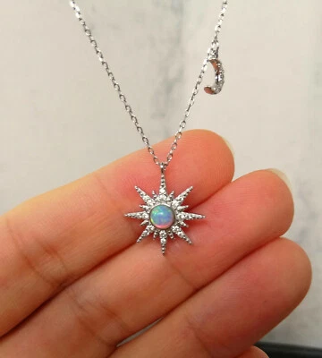 925 Silber Opal Starburst Mond Halskette Feueropal Stern Mond Anhänger Halskette - Bild 1 von 4
