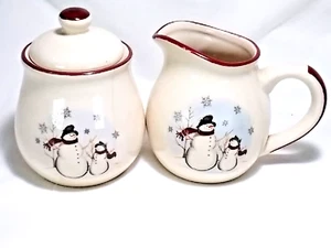 Royal Season Stoneware Snowmen Creamer And Sugar Set Winter Scene Excelent Cond - Picture 1 of 5