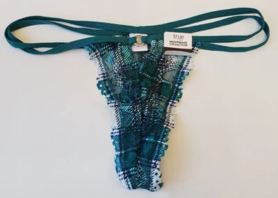 Rue 21 Women's Lace Thong Panties LARGE O Ring Green Plaid Double Strap New - Image 1 of 3