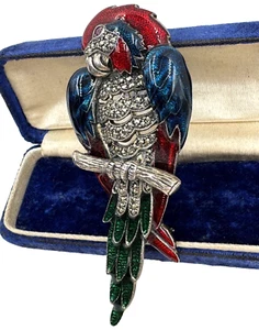 HEIRLOOM 73 SIGNED STERLING SLVR LRG PARROT RARE FIGURAL MARCASITE ENAMEL BROOCH - Picture 1 of 10