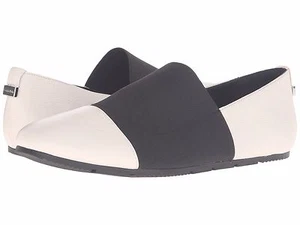 CALVIN KLEIN Poppia Waxy 6.5 M White Black Tumbled Leather Elastic Flat Loafers - Picture 1 of 7