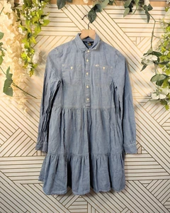 Polo Ralph Lauren Denim Dress Blue Tiered Chambray Long Sleeve Shirtdress Sz 16 - Picture 1 of 8