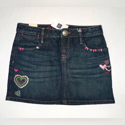 Vintage Gap kids denim jean mini skirt heart embroidered pink green blue 8 10 - Image 1 of 3
