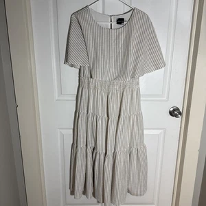 Maison Tara Boho Streifen Gaze Midikleid fließender Kragen und Ärmel Gr. 12 E471 - Bild 1 von 9