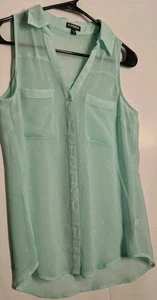 Express Portofino Mint Green Hearts Sleeveless Button Down Blouse Xs - Picture 1 of 9