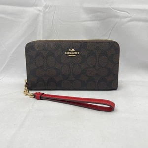 Coach Womens Long Zip Around Wallet In Signature Canvas Walnut/Bold Red - Picture 1 of 14