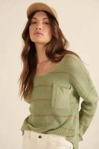 Green Striped Rib-knit Oversized Pocket Sweater - Picture 1 of 4