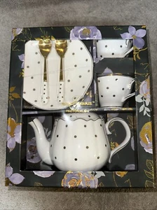 Grace Teaware 7 Piece Set Fine Porcelain White With Gold Dots - Picture 1 of 7
