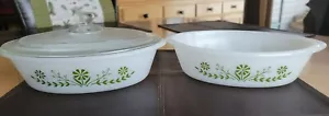 Set of 2 Vintage Glasbake Oval Casseroles w/ Green Flowers One Cover - Picture 1 of 12
