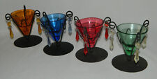 4 Colored Glass Tealight Candle Holders w/Black Metal Stand Dangles Cone Shape