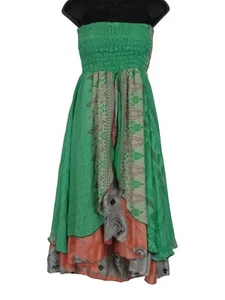 Indian Floral Two Layer Silk Style Sari Viscose Summer Strapless Dress or Skirt - Picture 1 of 10
