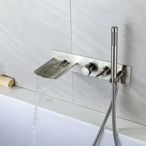 Gebürstetes Nickel Badewanne Dusche Wasserhahn Set Wasserfall Wannenmischer Handbrause Wasserhahn - Bild 1 von 5