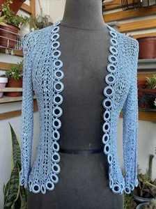 Vintage Beautiful Woman's Crochet Knit Blue Cardigan Sz. Small Long Sleeve - Picture 1 of 11