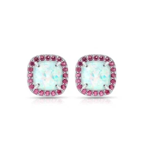Cushion Cut Halo Simulated Opal & Garnet Stud Earrings in Sterling Silver - Picture 1 of 3