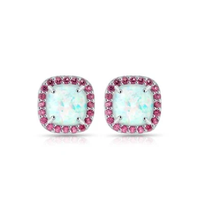 Cushion Cut Halo Simulated Opal & Garnet Stud Earrings in Sterling Silver - Image 1 of 3