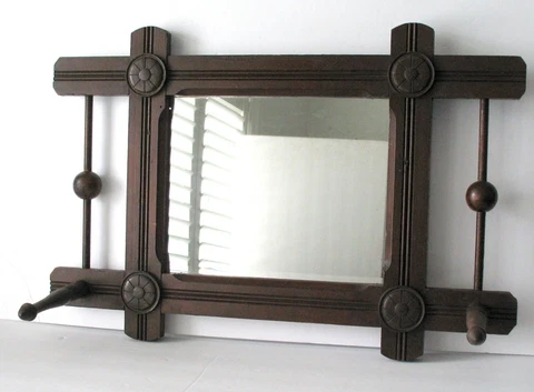 Antique Victorian Eastlake Hanging Vanity Mirror and Hat Rack All Original Cover