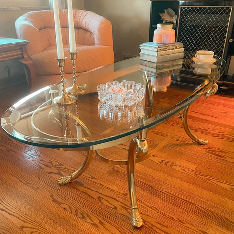 Vtg Hollywood Regency Brass Swan Foot Coffee Table LaBarge Italy Glass Top Cover