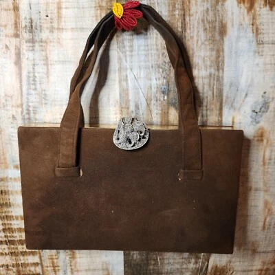 Bolsa de mão vintage Elizabeth Arden camurça fecho ornamentado anos 40 50 armação dourada - Imagem 1 de 4