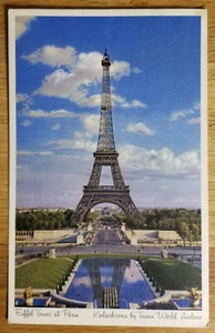 Postal publicitaria de TWA Airlines 1948 Torre Eiffel París Olson Travel Orange NJ - Imagen 1 de 1