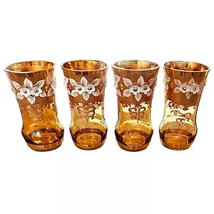 "Vasos vintage checos bohemios ámbar con recubrimiento de oro 4,25"" (lof 4) flores esmaltadas" - Imagen 1 de 11