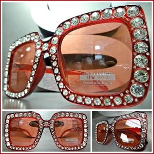 OVERSIZED VINTAGE RETRO Style SUN GLASSES Large Square Red Frame Bling Crystals - Picture 1 of 7