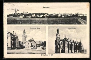 Friedberg i. H., Ansichtskarte, Partie hinter der Burg, Stadtkirche, Panorama  - Picture 1 of 2