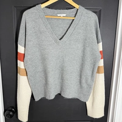 Z Supply Sienna Striped Arm Sweater Women’s Large Knit Pullover Gray V Neck - Image 1 of 4