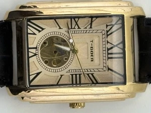 Classic Oblong Watch Gold T-goer Automatic Black Strap Roman Num Art Deco - Picture 1 of 7