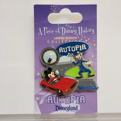 DISNEY DLR PIECE OF DISNEY HISTORY 2009 AUTOPIA MICKEY GOOFY PIN ON CARD LE 1000 - Изображение 1 из 2
