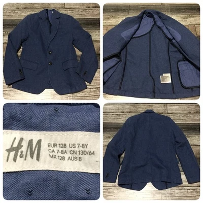 H&M Linen Cotton Blazer Size 7-8Y Blue 2 Button Unstructured - Image 1 of 4