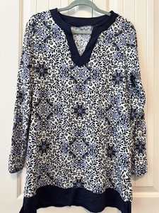 Top túnica mujer Lands' End azul marino blanco damasco cuello dividido M/L 10-12 encubrimiento - Imagen 1 de 4