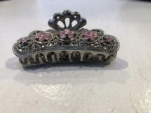 Vintage Metal AB Crystal Pink Rhinestone Hair Clip Fan Design 3.25” - Picture 1 of 5