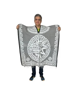 XXXL MEXICAN PONCHO , QUETZALCOATL  , ONE SIZE , GABAN , LIGHT GRAY & WHITE - Image 1 of 3