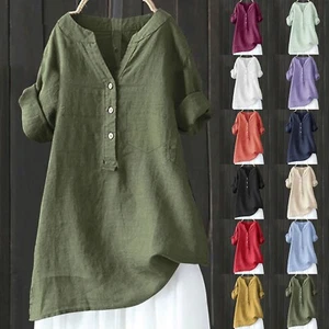 Women's V-Neck Short Sleeve Cotton Linen Blouse Top Lightweight Summer Shirt - Picture 1 of 51