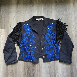 Southwest Canyon Embroidered Black Blue Fringe Jacket Large Western Vintage - Picture 1 of 14