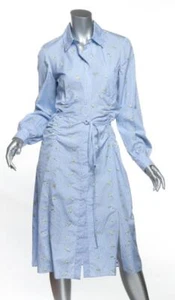 ALTUZARRA Blue White Check Floral Cotton Ruched Belted Shirt Dress FR38 US6 NEW - Picture 1 of 4