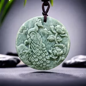 Collana con ciondolo pavone vera giada naturale gioielli intagliati talismani vintage - Foto 1 di 9