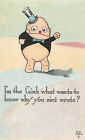 Carte postale d'artiste signée George Brill gink œuf anthropomorphe personne secoue le poing