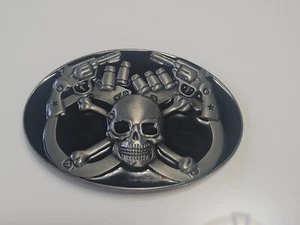 Silver Finish Western Belt Buckle - Biker Skull & Pistol Belt Buckle - Picture 1 of 2