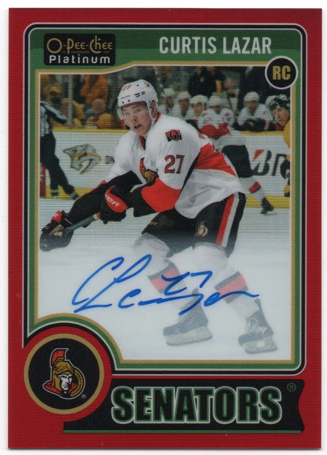 CURTIS LAZAR RC 2014-15 O-Pee-Chee OPC Platinum Red Prism Rookie Auto /50 0029